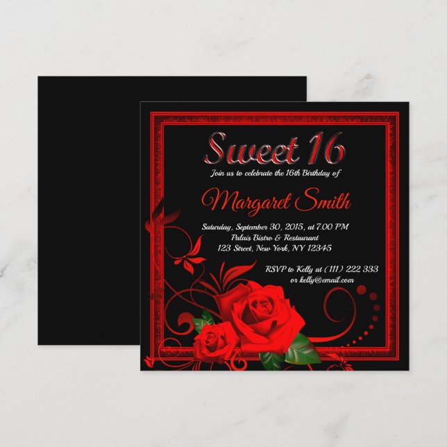 Golden red rose sweet 16 invitation v2 (Front/Back)