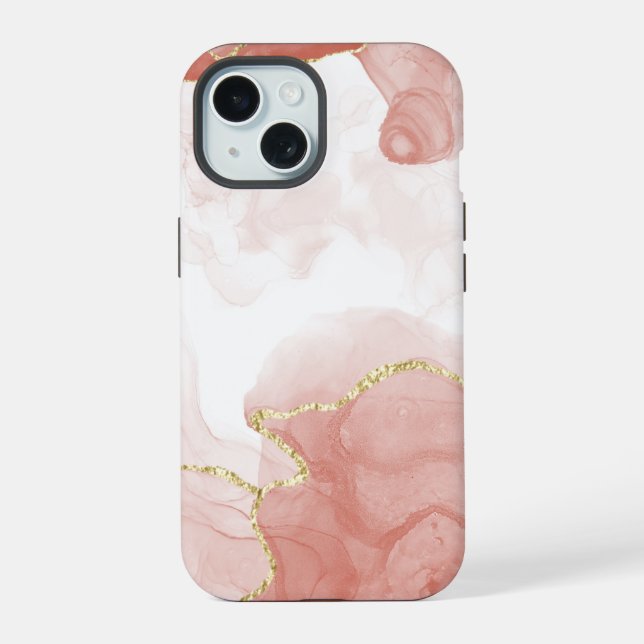 Golden Red Watercolor Marble Pattern iPhone 15 Case (Back)