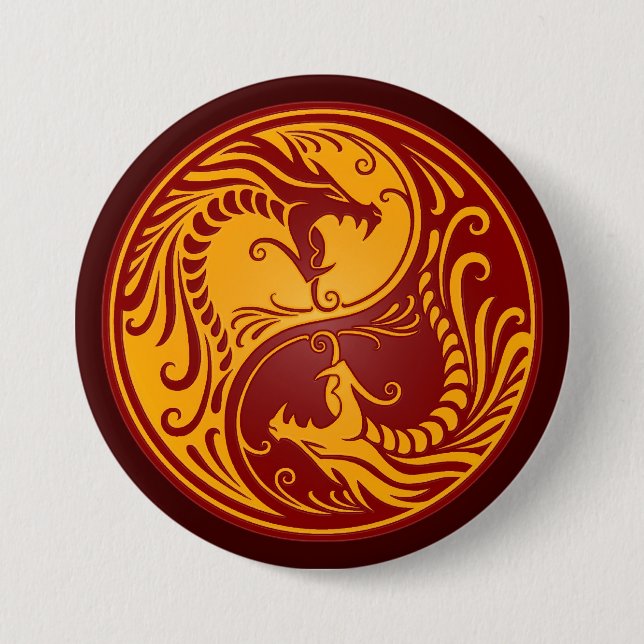 Golden Red Yin Yang Dragons Button (Front)