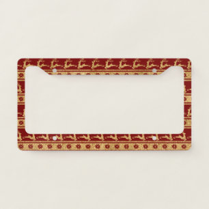 Golden Reindeer and Snowflakes on Red - Christmas License Plate Frame