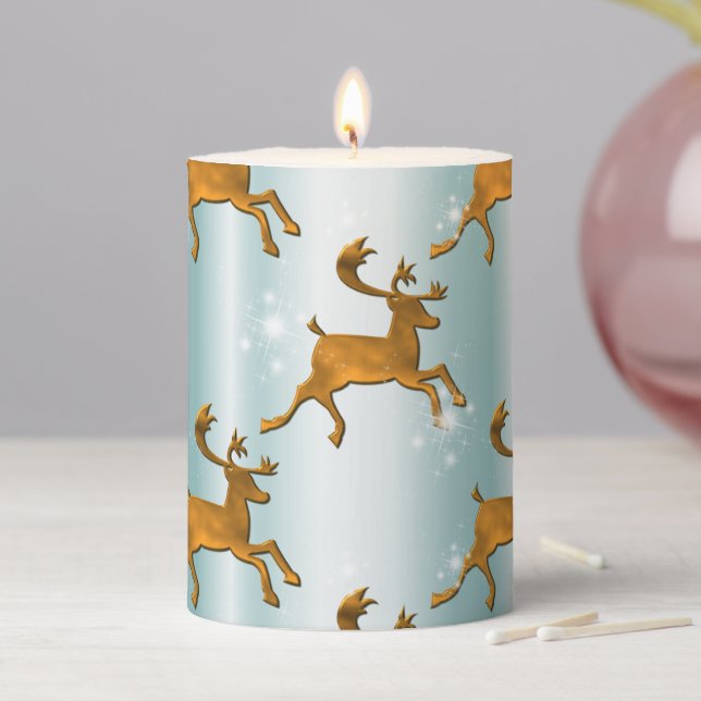 Golden Reindeer and White Sparkles Christmas Pillar Candle (In Situ)