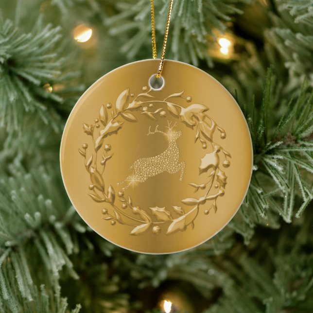 Golden Reindeer and Wreath Christmas Ceramic Ornament (Tree)