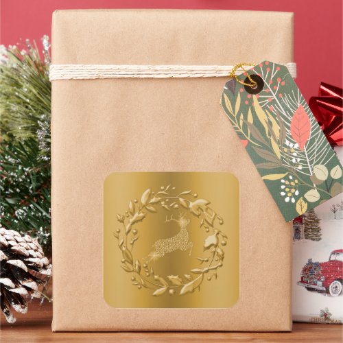 Golden Reindeer and Wreath Christmas Square Sticker