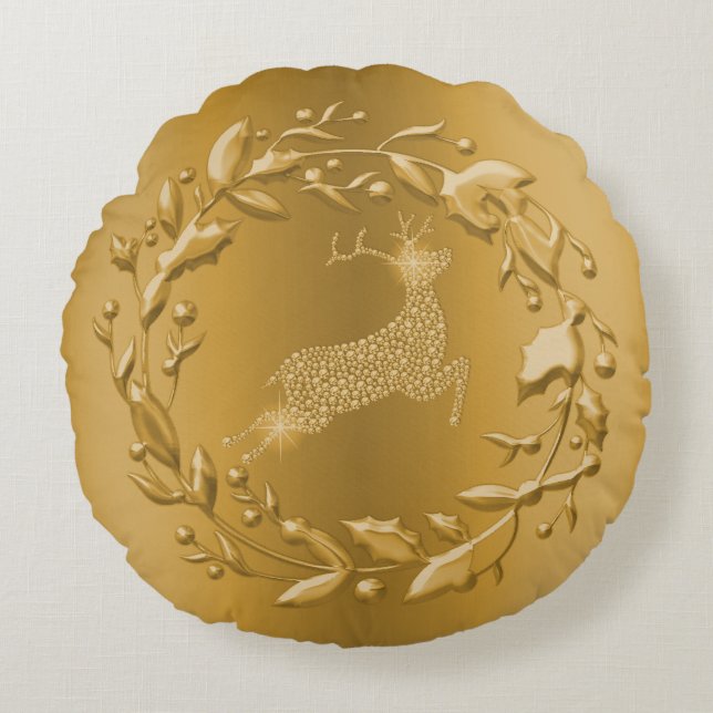 Golden Reindeer and Wreath Gold Christmas Round Pillow (Front)