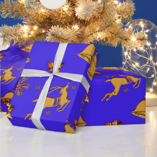 Golden Reindeer Blue Christmas Wrapping Paper