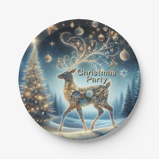 Golden Reindeer Christmas Ornaments Blue Sky Paper Plates (Front)