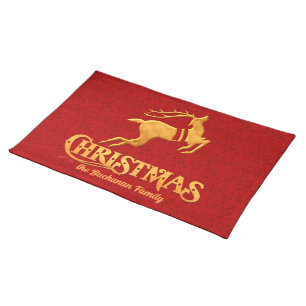 Golden Reindeer Family Christmas with Red Cloth Placemat