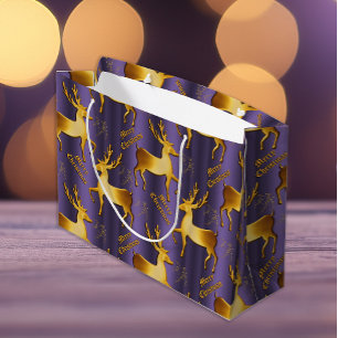 Golden Reindeer Glittery Purple Christmas Large Gift Bag