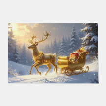Golden Reindeer Golden Sleigh Holiday Doormat