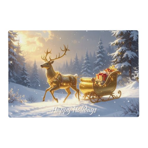 Golden Reindeer Golden Sleigh Holiday Paper Placemat