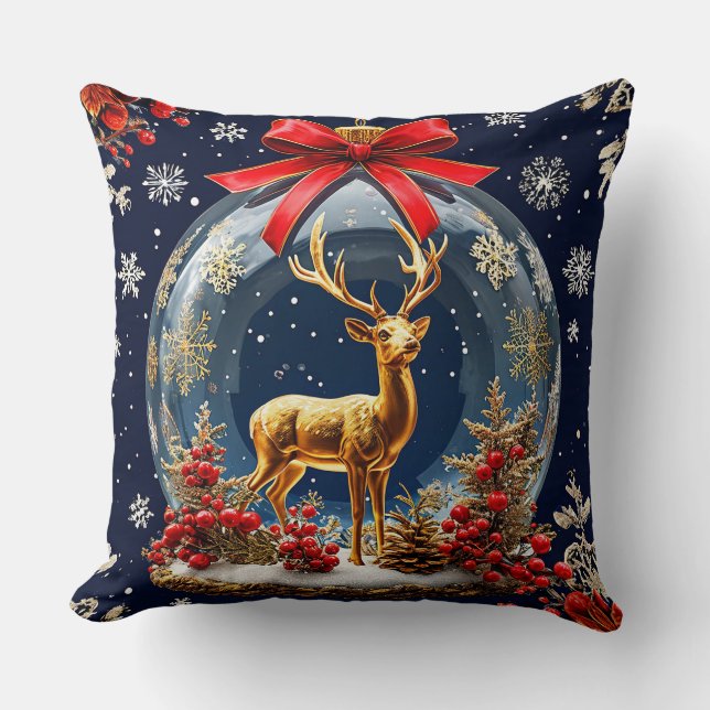 Golden Reindeer Inside Christmas Ornament Globe Throw Pillow (Front)