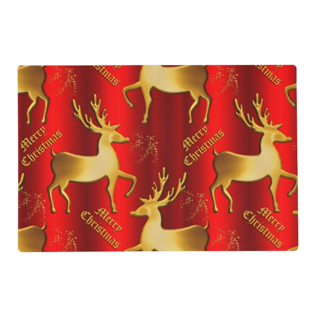 Golden Reindeer Merry Christmas Red Placemat (Front)