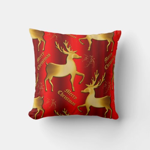 Golden Reindeer Merry Christmas Red Throw Pillow