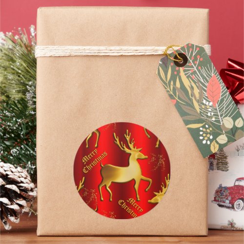 Golden Reindeer on Red Christmas Classic Round Sticker