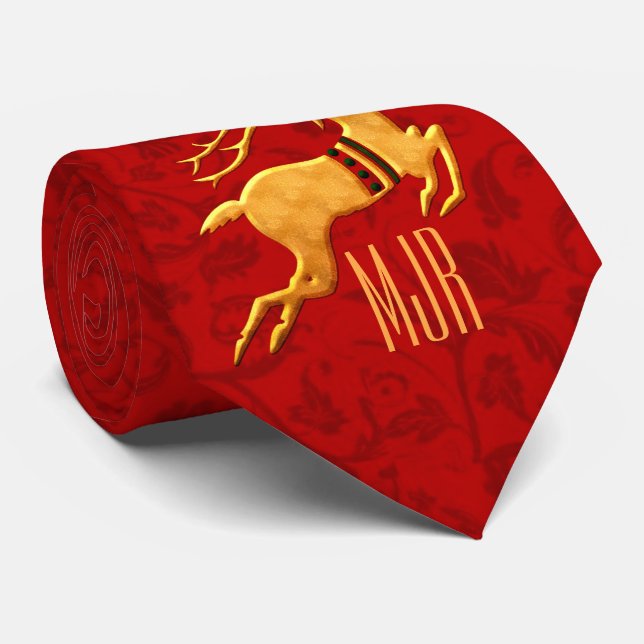 Golden Reindeer on Red Damask with Monogram Neck Tie (Rolled)
