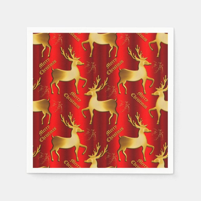 Golden Reindeer on Red Merry Christmas Napkins (Front)