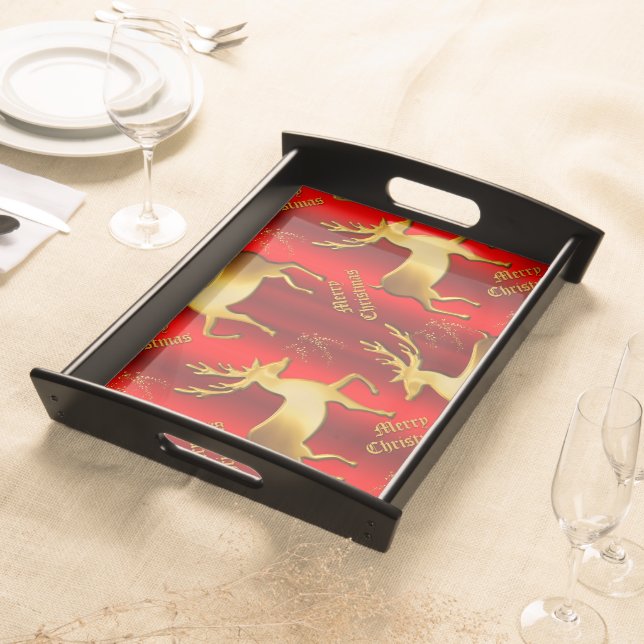 Golden Reindeer on Red Merry Christmas Serving Tray (Front)