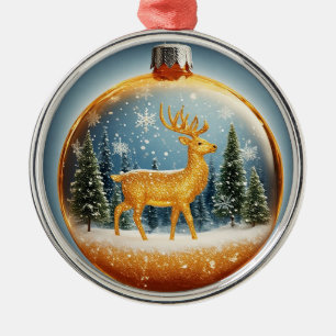 Golden Reindeer Ornament in a Snowy Christmas Glas