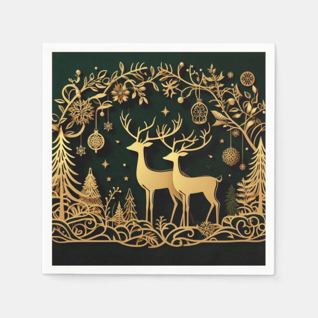 Golden Reindeer & Ornaments Napkins (Front)