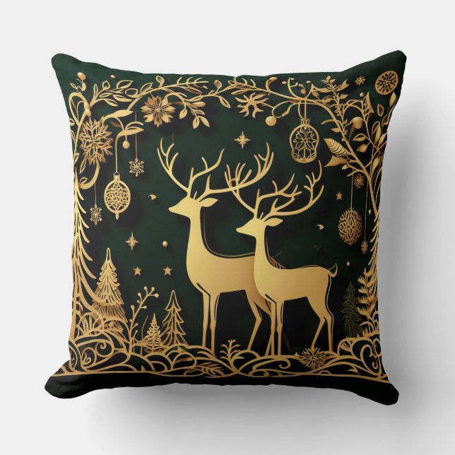 Golden Reindeer & Ornaments Throw Pillow (Front)