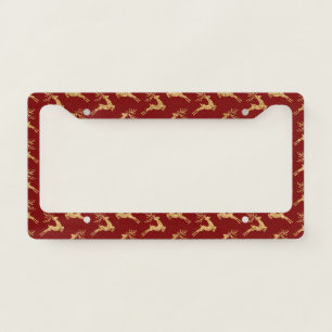 Golden Reindeer Pattern on Red – Elegant Christmas License Plate Frame