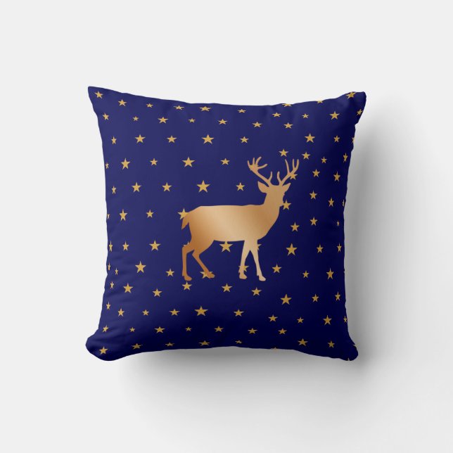 Golden reindeer silhouette & stars on navy blue throw pillow (Front)