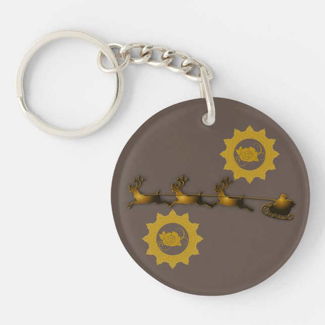 Golden Reindeer Sleigh Festive Santa Acrylic .. Keychain (Front)