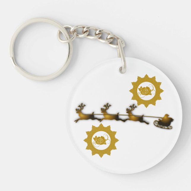 Golden Reindeer Sleigh Santa Christmas Spirit... Keychain (Front)