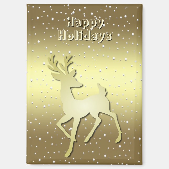 Golden Reindeer Snowy Holiday Magnet (Front)