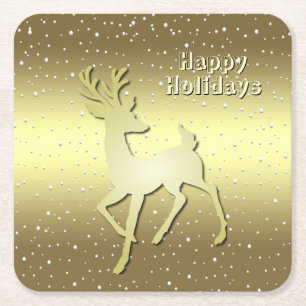 Golden Reindeer Snowy Holiday Paper Coaster