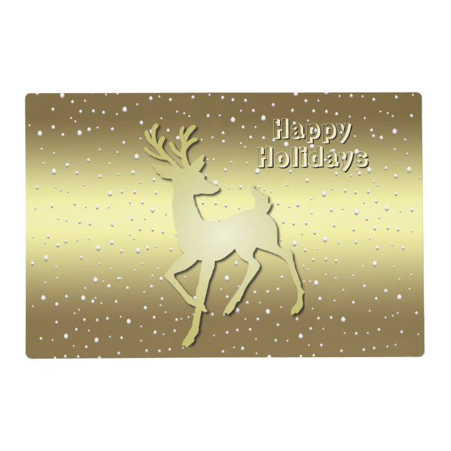 Golden Reindeer Snowy Holiday Paper Placemat (Front)
