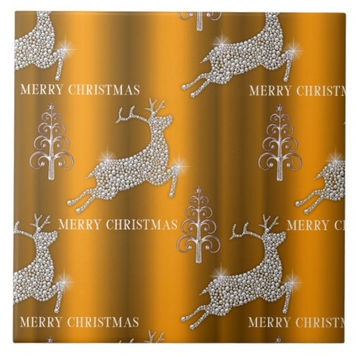 Golden Reindeer Sparkles Christmas Ceramic Tile