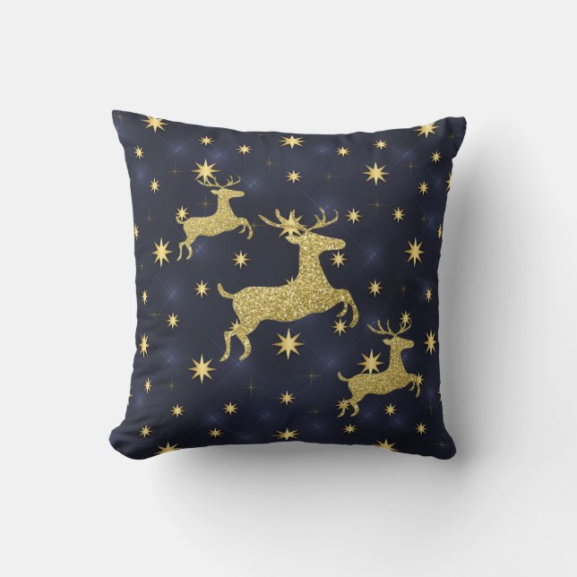 Golden Reindeer & Stars Midnight Blue Throw Pillow (Front)