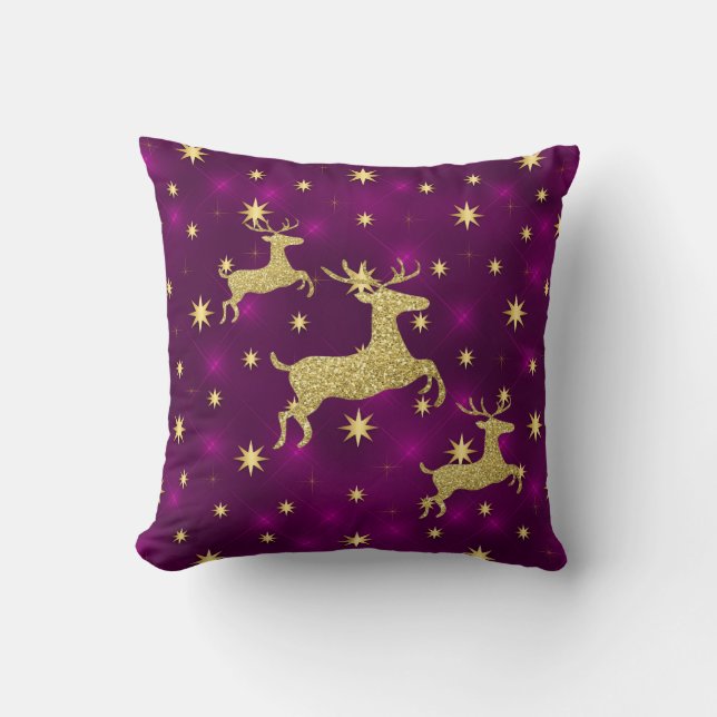 Golden Reindeer & Stars Purple Throw Pillow (Front)