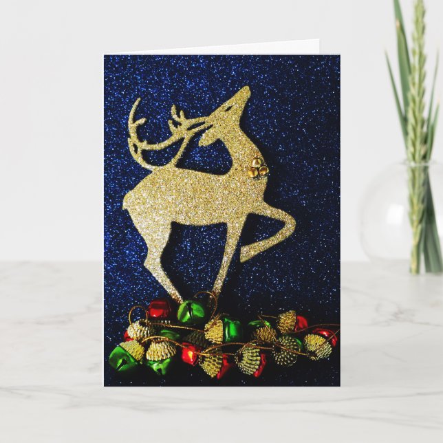 Golden Reindeer with Jingle Bells Card (Front)