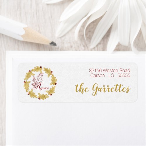 Golden Rejoice Holiday Wreath with Dove Address Label