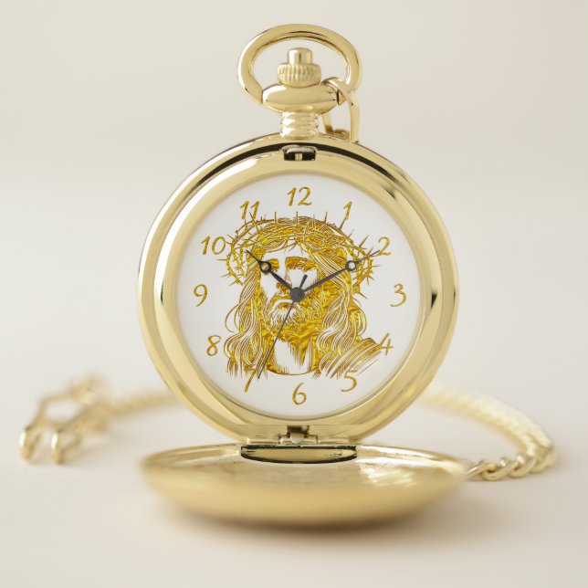 Golden Representation of Jesus Christ With Crown Pocket Watch (Inside)