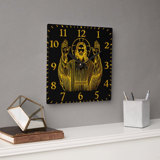 Golden Representation of Jesus With Raised Hands Square Wall Clock (Office)