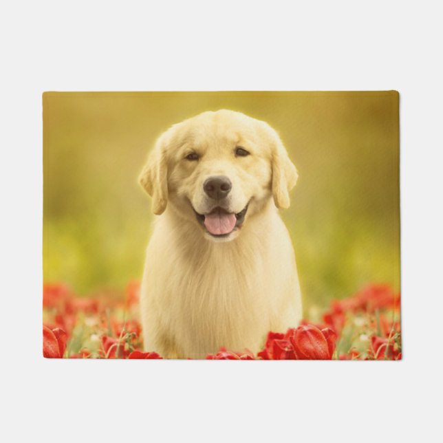 Golden Retirever in Red Flowers Doormat (Front)