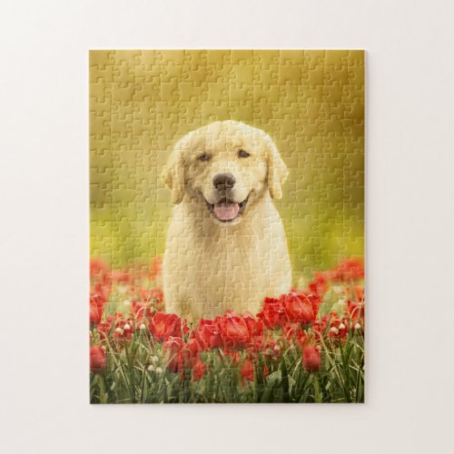 Golden Retirever in Red Flowers Jigsaw Puzzle