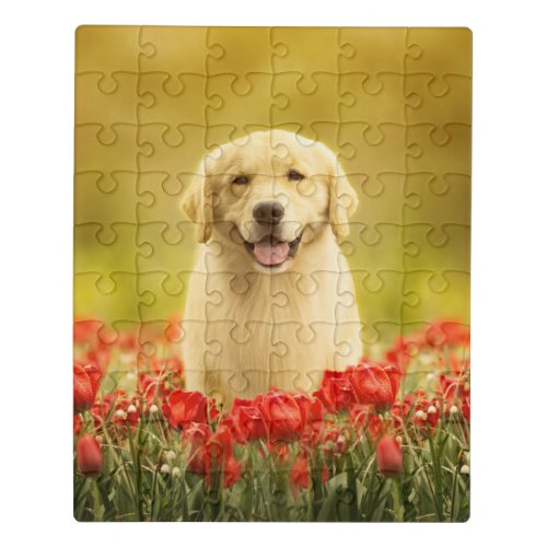 Golden Retirever in Red Flowers Jigsaw Puzzle