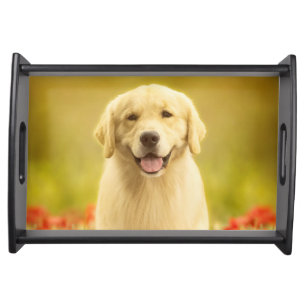 Golden Retirever in Red Flowers Serving Tray