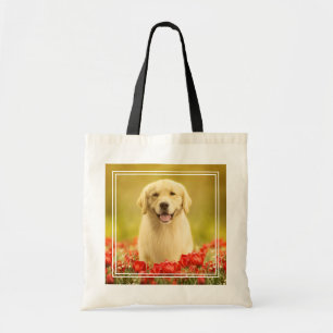 Golden Retirever in Red Flowers Tote Bag
