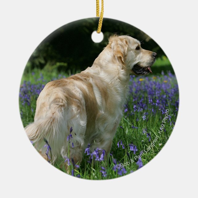 Golden Retreiver in Flowers Ceramic Ornament (Front)
