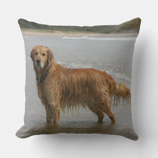 Golden Retreiver in the Sea Throw Pillow (Front)