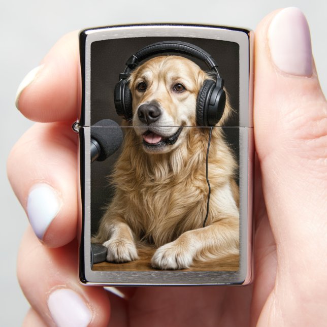 Golden Retrieve Hosting a Podcast Zippo Lighter (In Hand)