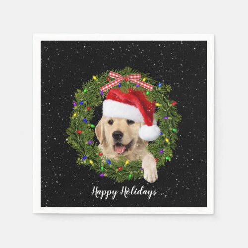 Golden Retrieve in holiday wreath Napkins