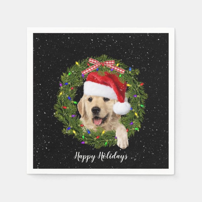 Golden Retrieve in holiday wreath Napkins (Front)