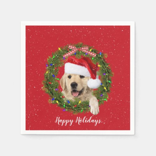 Golden Retrieve in holiday wreath Napkins