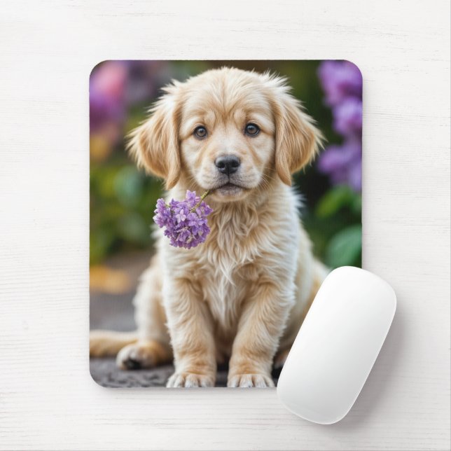 Golden Retrieve Puppy With Lilacs Mouse Pad (With Mouse)